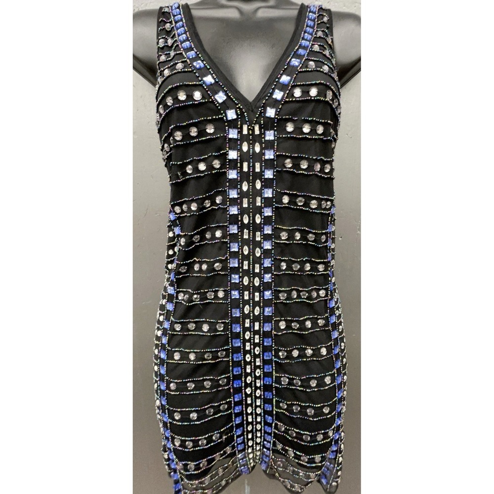 NBD Mini Dress S Black Rhinestone Stretchy Bodycon Party Cocktail Sexy Night Out